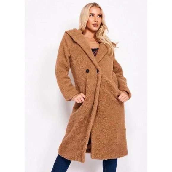 Brown Long Sleeve Hooded Hoodie Long Maxi Borg Teddy Bear Fur Coat - Picture 7 of 15